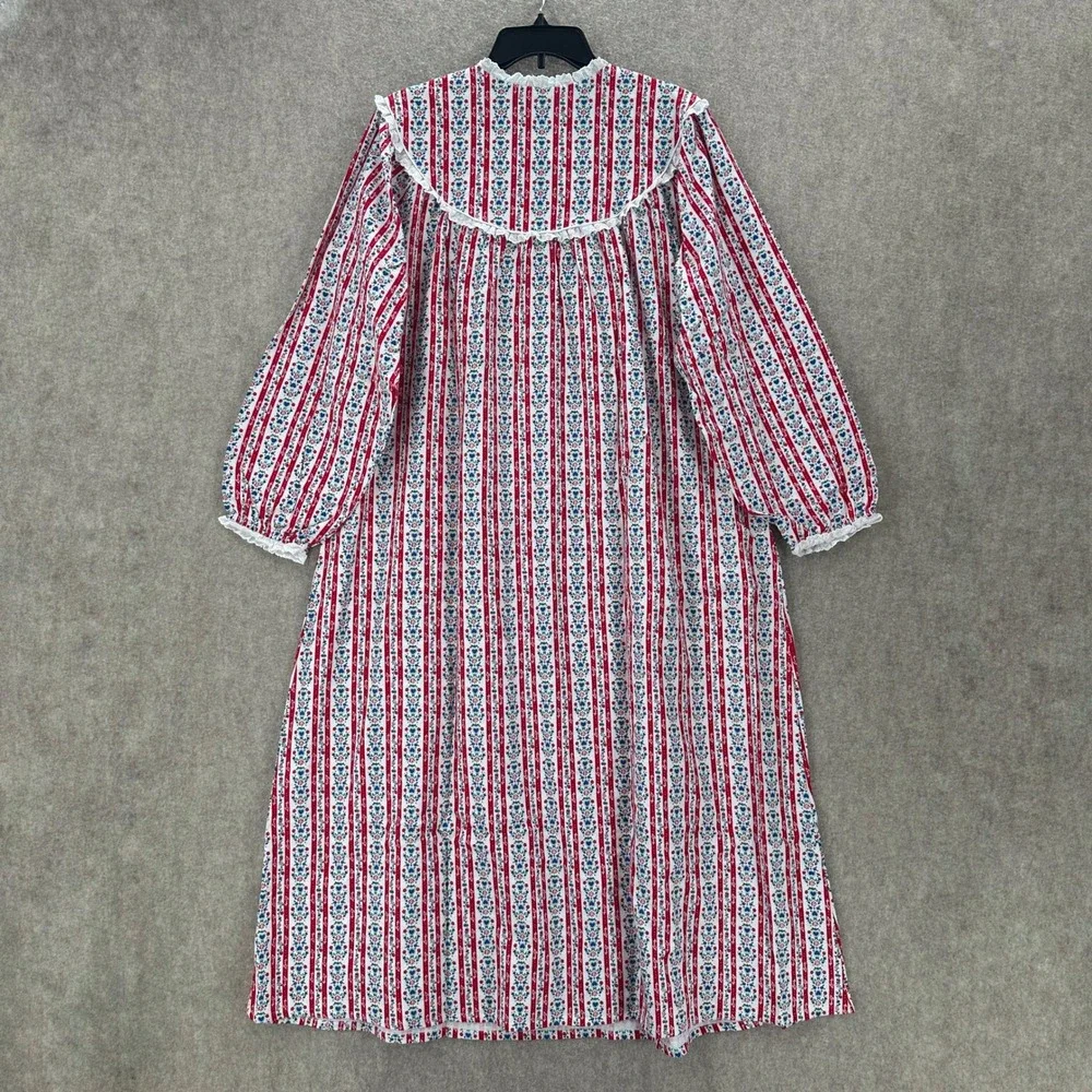 Lanz of Salzburg Flannel Nightgown Red White Floral Stripe Heart Lace Womens‎ L